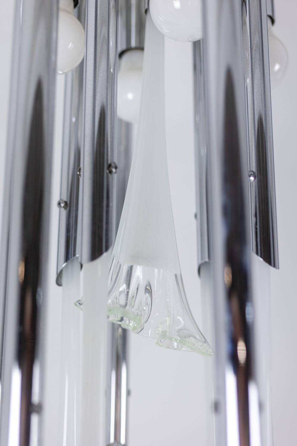 Murano glass and chrome metal chandelier. 1970s.