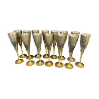 Set of 14 champagne glasses in brass and silver metal
