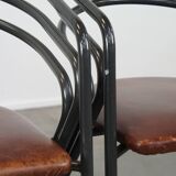 Set of 4 1970s design dining chairs with leather seats and metal frame