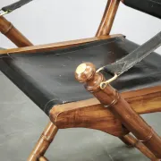 1970s French Folding Safari Chair in Teak, Black Leather and Brass