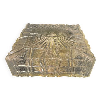 Vintage Flush Mount Square Glass Ceiling Lamp, Sunburst Motif