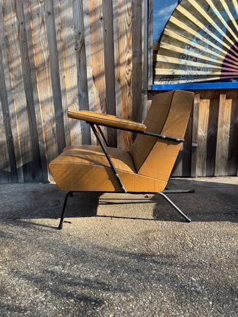 4 camel faux leather armchairs, 1950s