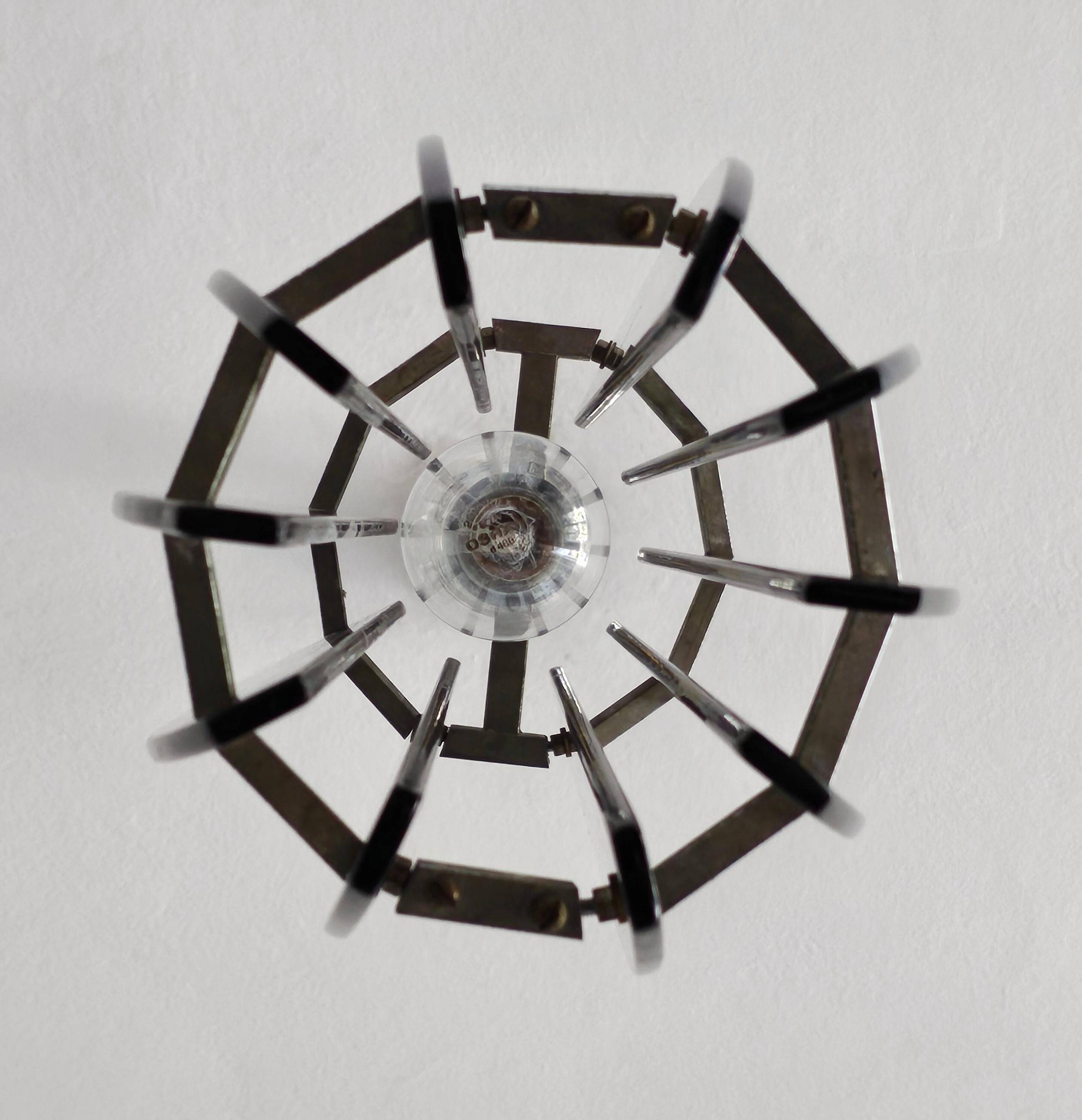 Glass chandelier, chrome and smoked glass in the Fontana Arte style from the 1970s.