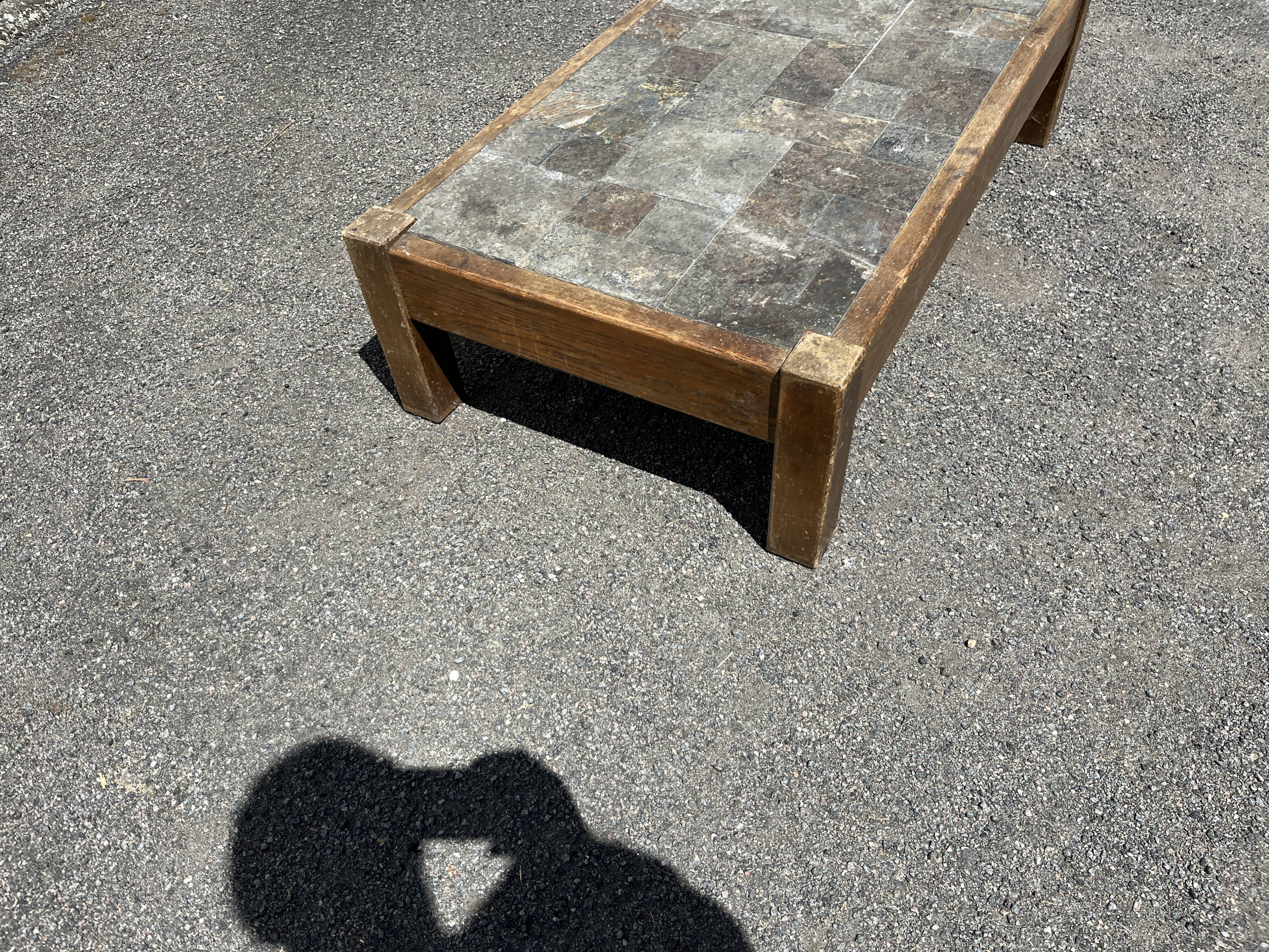 Vintage Brutalist Oak and Slate Coffee Table from the 60s and 70s