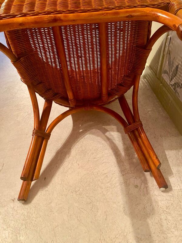 Fauteuil ''Tonneau'' Vintage en Osier Tressé - Années 70