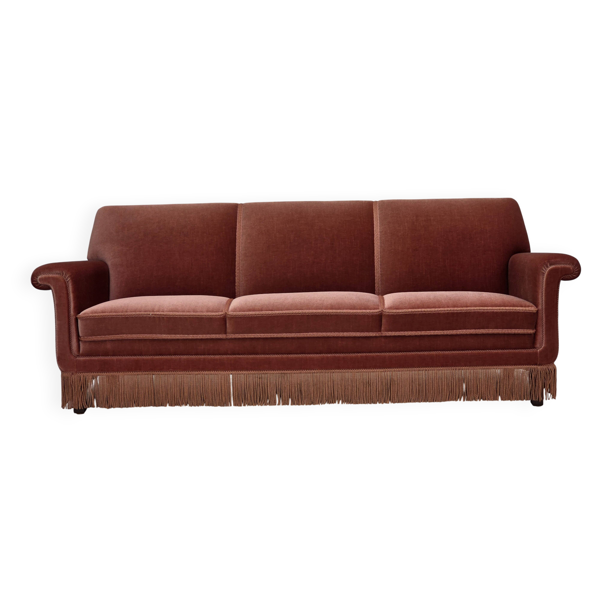 1970s, Danish 3-seater sofa, salmon pink furniture velour, beech wood.