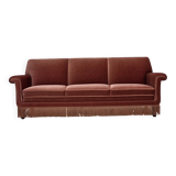1970s, Danish 3-seater sofa, salmon pink furniture velour, beech wood.