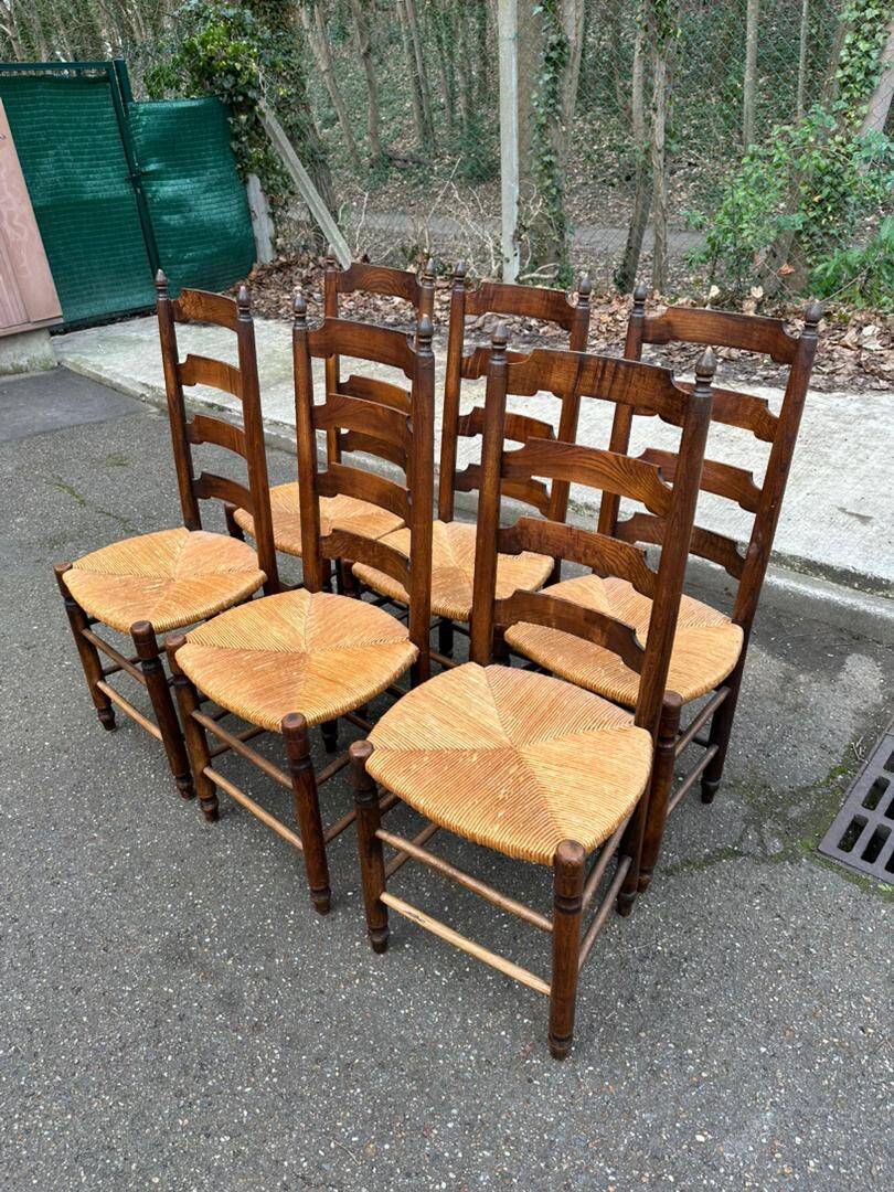 6 solid wood dining chairs with rush seats, oak, 19th century.