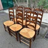 6 solid wood dining chairs with rush seats, oak, 19th century.