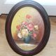 Small vintage oval painting – Raised bouquet of flowers – Retro burgundy frame