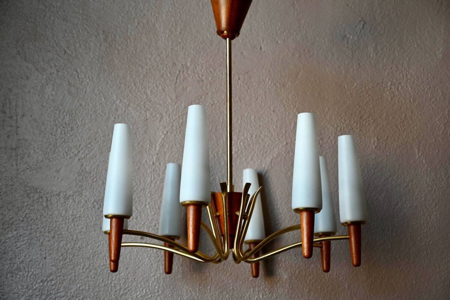 Scandinavian mid-century chandelier, teak, brass, opaline glass, 8 arms, 1950-1960.