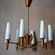 Scandinavian mid-century chandelier, teak, brass, opaline glass, 8 arms, 1950-1960.