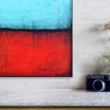 Blue and Red original minimalist abstract modern painting, stretched canvas