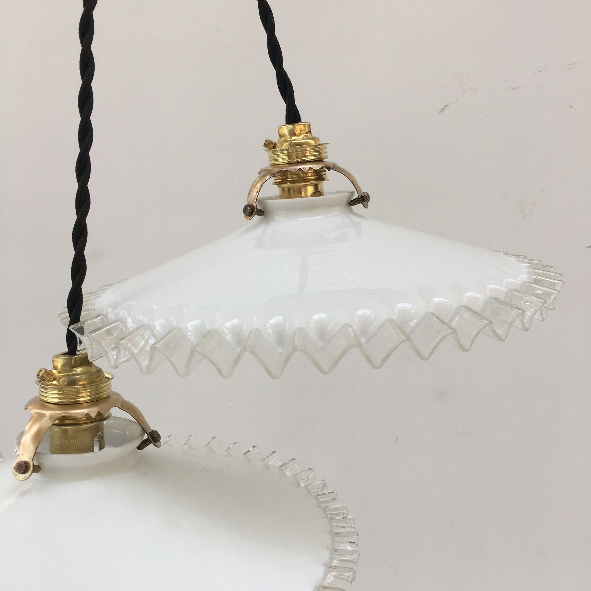 Pairs of vintage suspensions in white opaline with serrated edges
