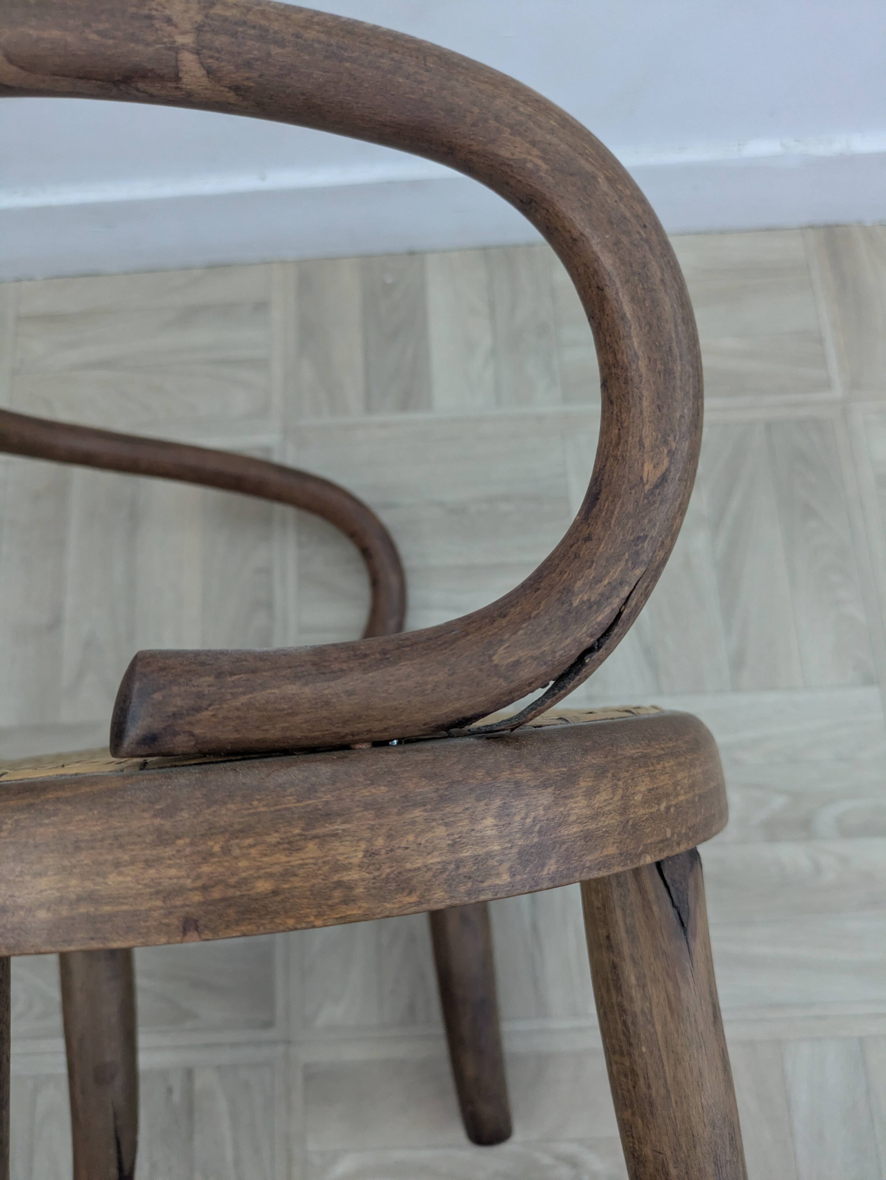 Small Antique Children's Armchair in Curved Wood and Cane