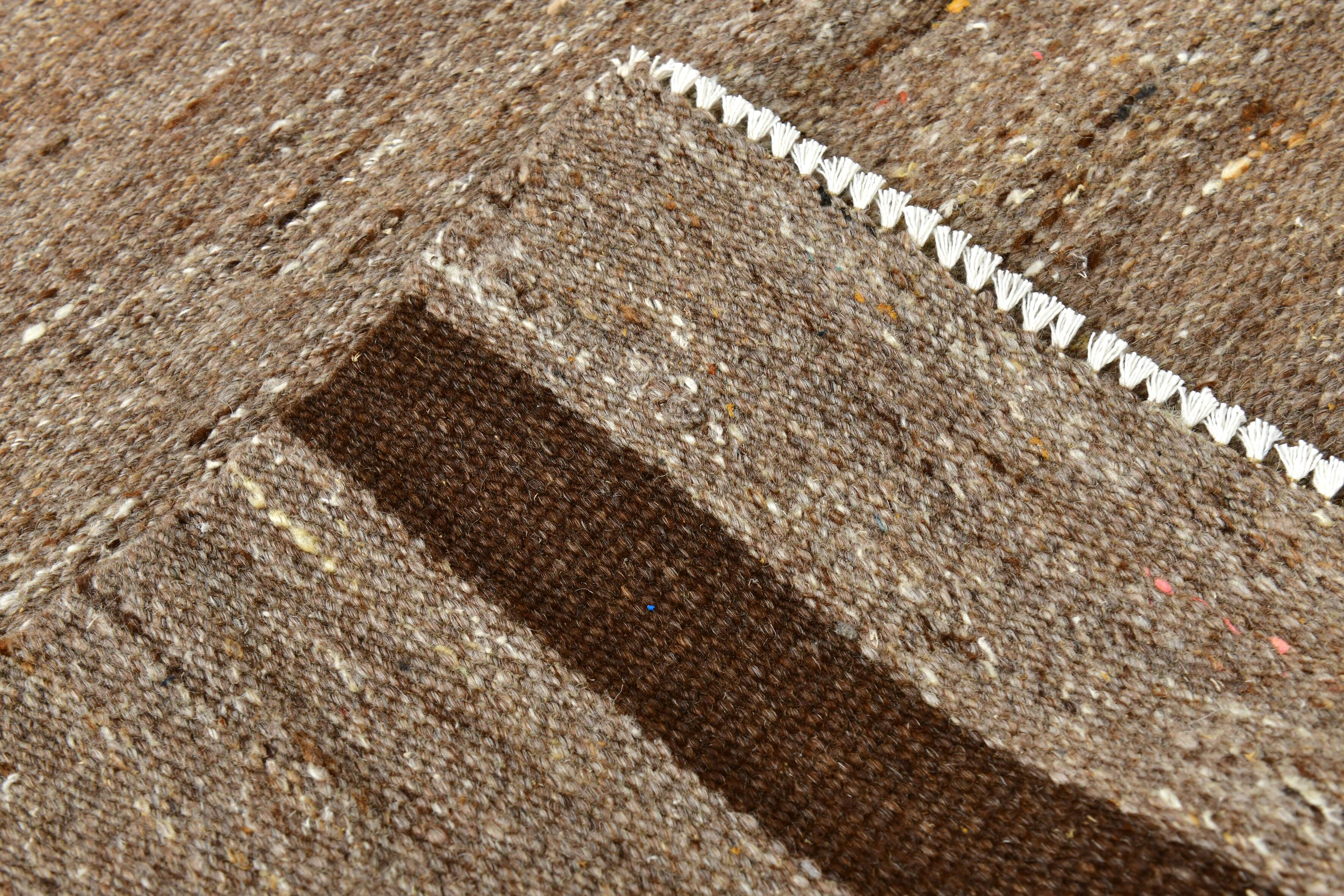 Dark Brown Striped Ethnic Kilim Rug, 224x297Cm