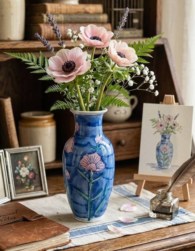 Vintage Blue Ceramic Vase with Pink Floral Decoration, Shabby Chic Style