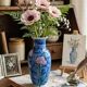 Vintage Blue Ceramic Vase with Pink Floral Decoration, Shabby Chic Style