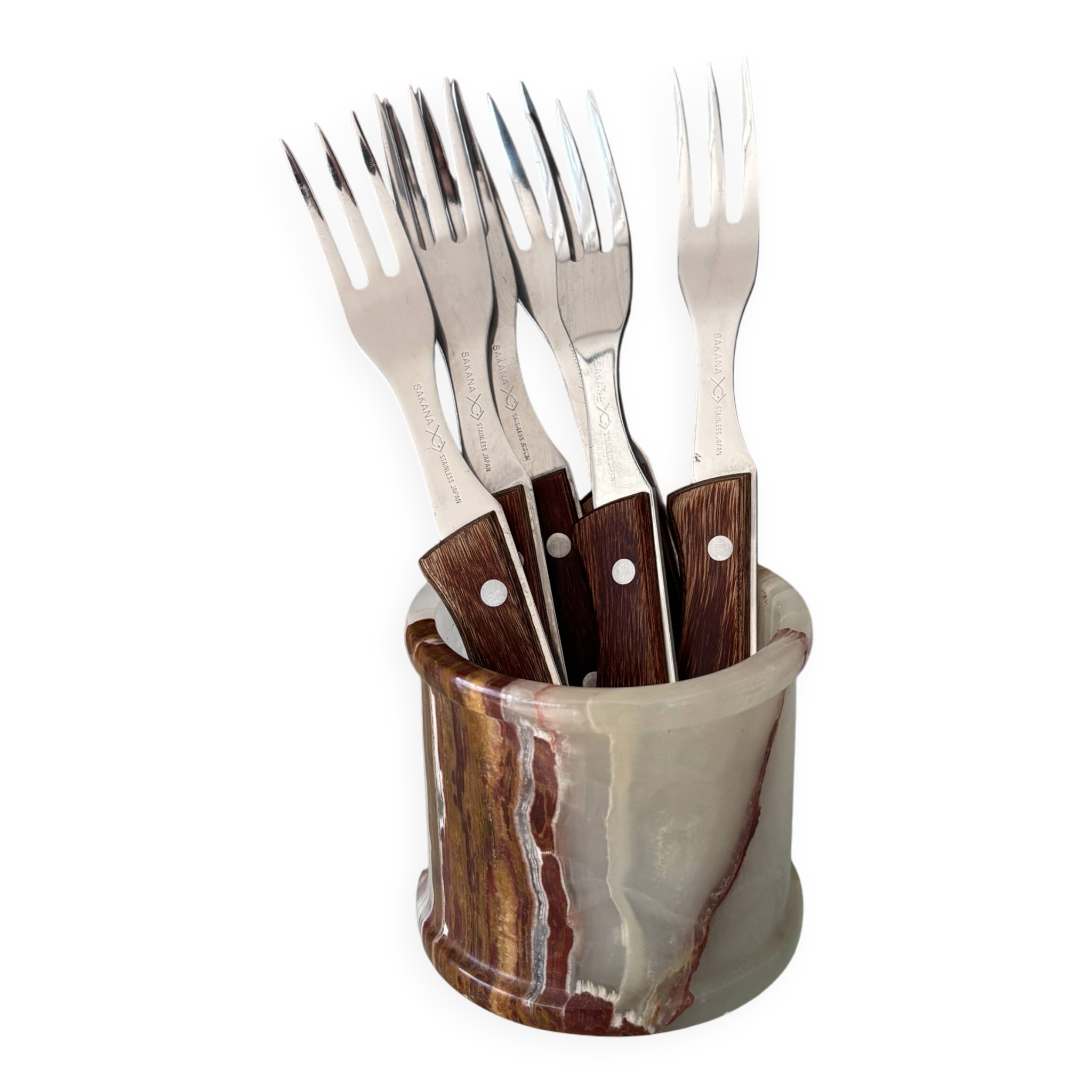 Set of 6 Vintage Sakana Japan Forks | Stainless Steel & Wood Handles