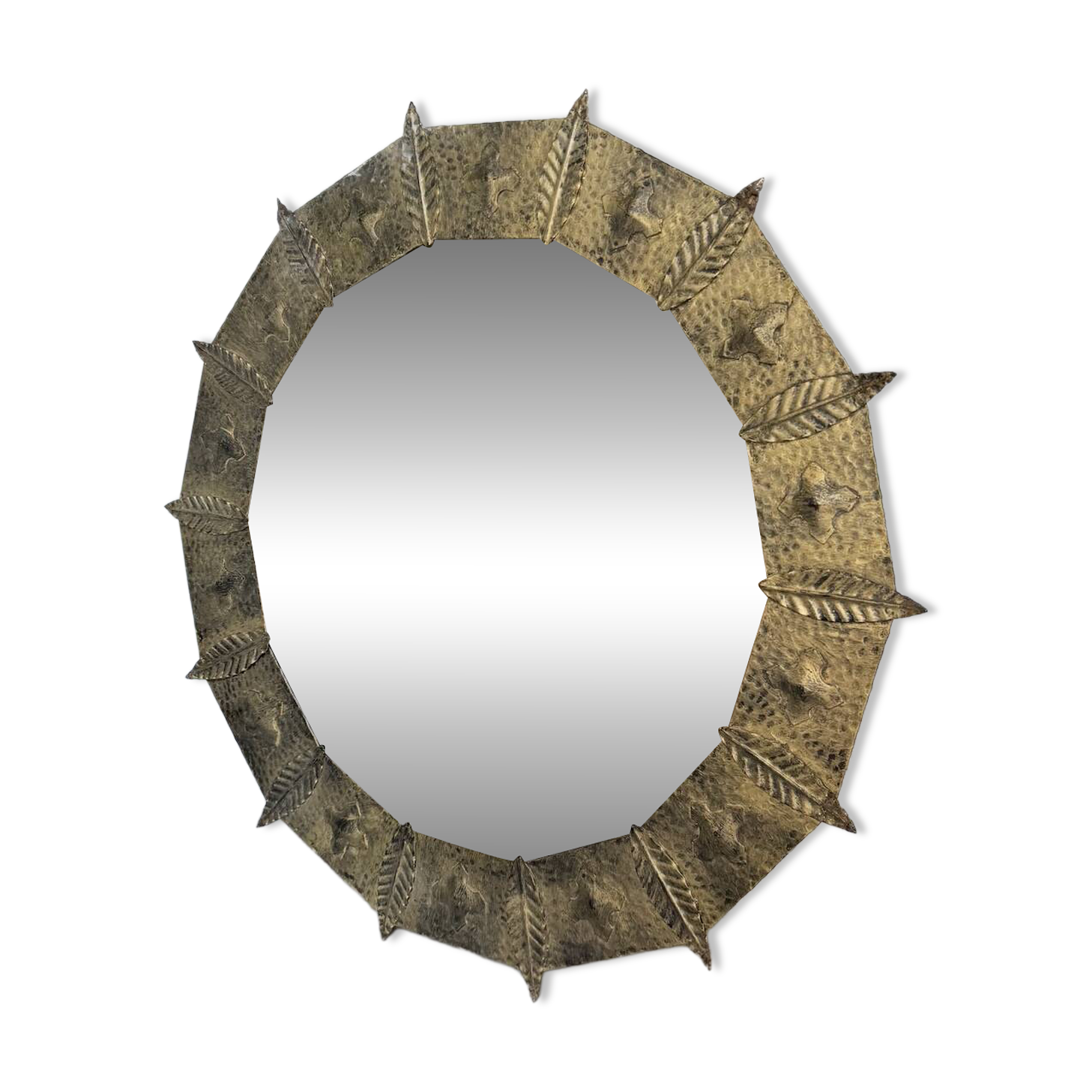 Brutalist round hammered gold metal mirror