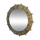 Brutalist round hammered gold metal mirror
