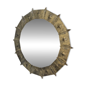 Brutalist round hammered gold metal mirror