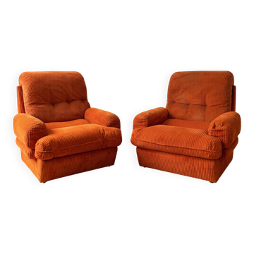 Pair of orange corduroy armchairs, 1970s
