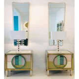Mid-Century Modern Style Italian Cabinet Wood, Brass and Colored Glass