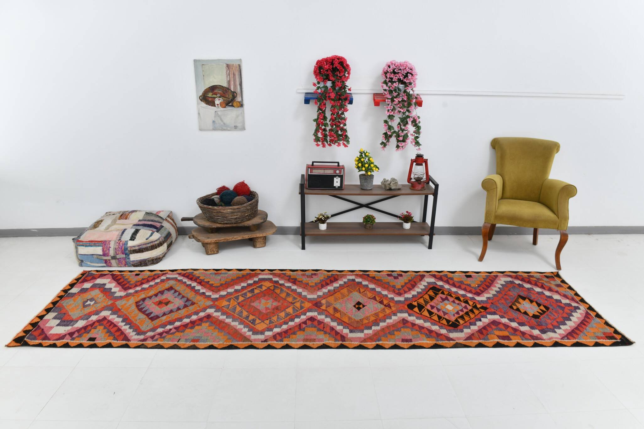 Tapis Kilim fait main rose orange 3x12 105x377 cm