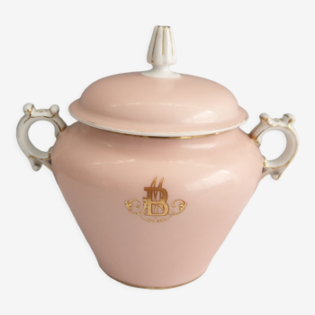 Sucrier vintage en porcelaine fine rose monogrammé