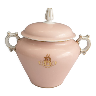 Sucrier vintage en porcelaine fine rose monogrammé
