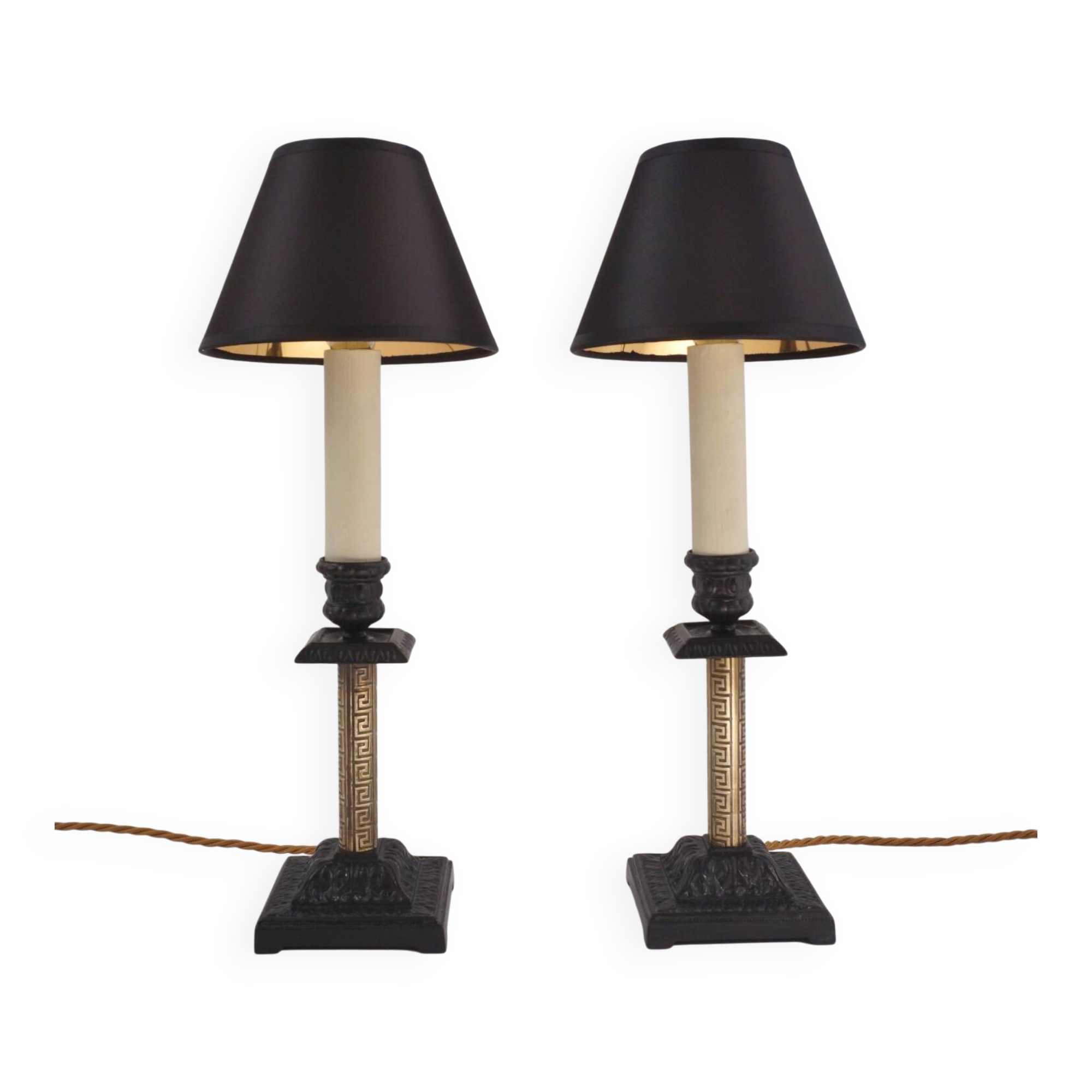 Pair antique candlestick table lamps Aesthetic Movement iron brass 1890s UK
