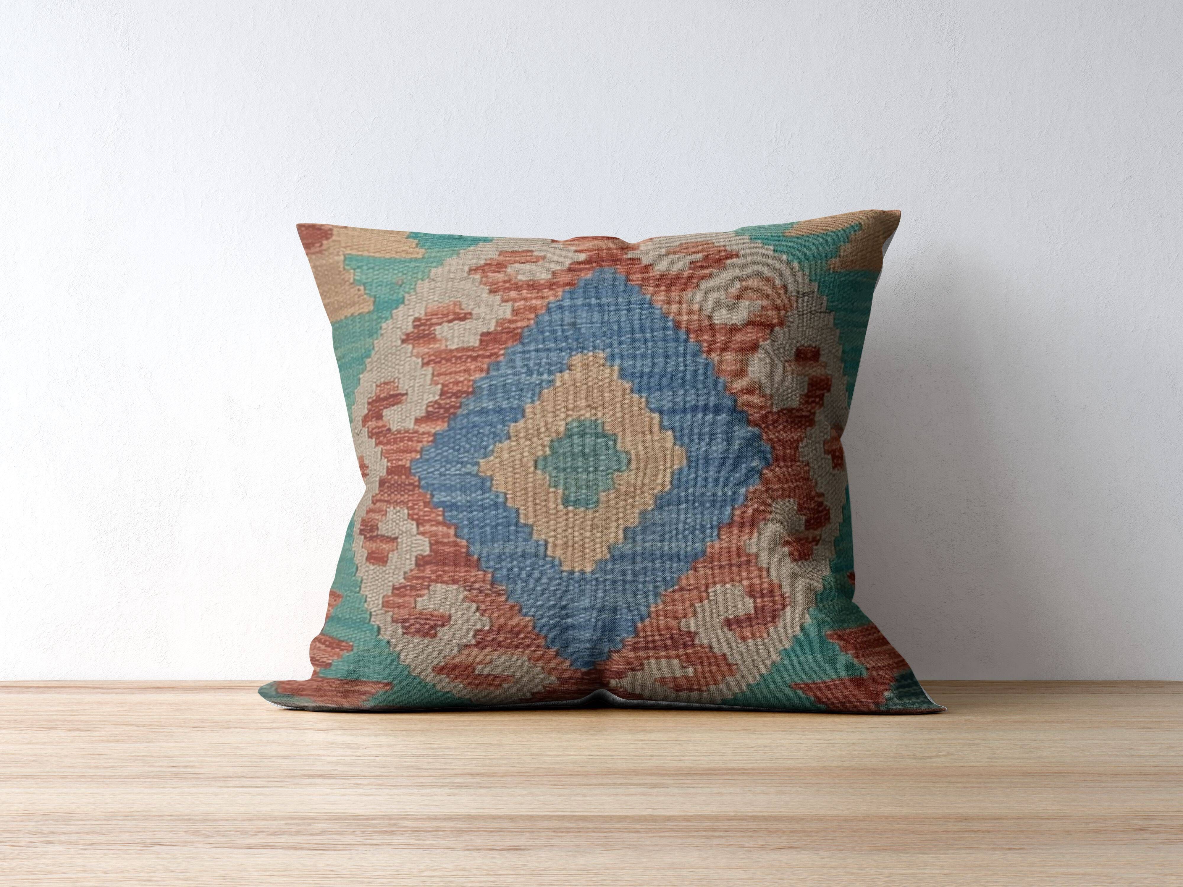 Turquoise Blue Geometric Cushion Cover, Vintage Wool Kilim Pillow Home Decor