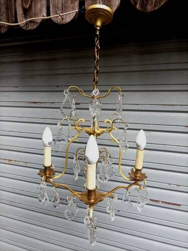 Rare antique cage chandelier in gilded bronze and crystal, 4 lights / WORKING CONDITION GAU?