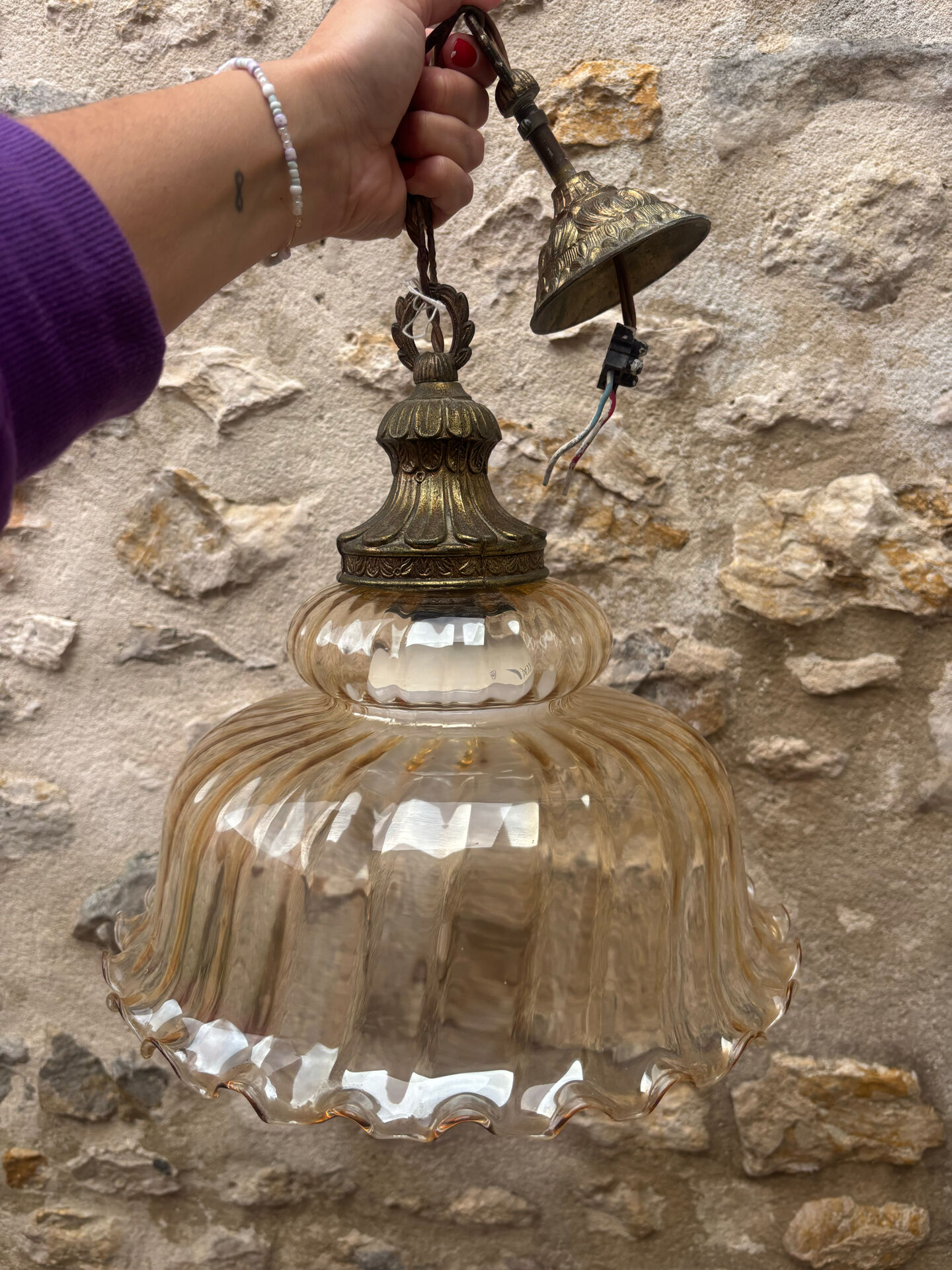1970s Vintage Amber Glass Pendant Light