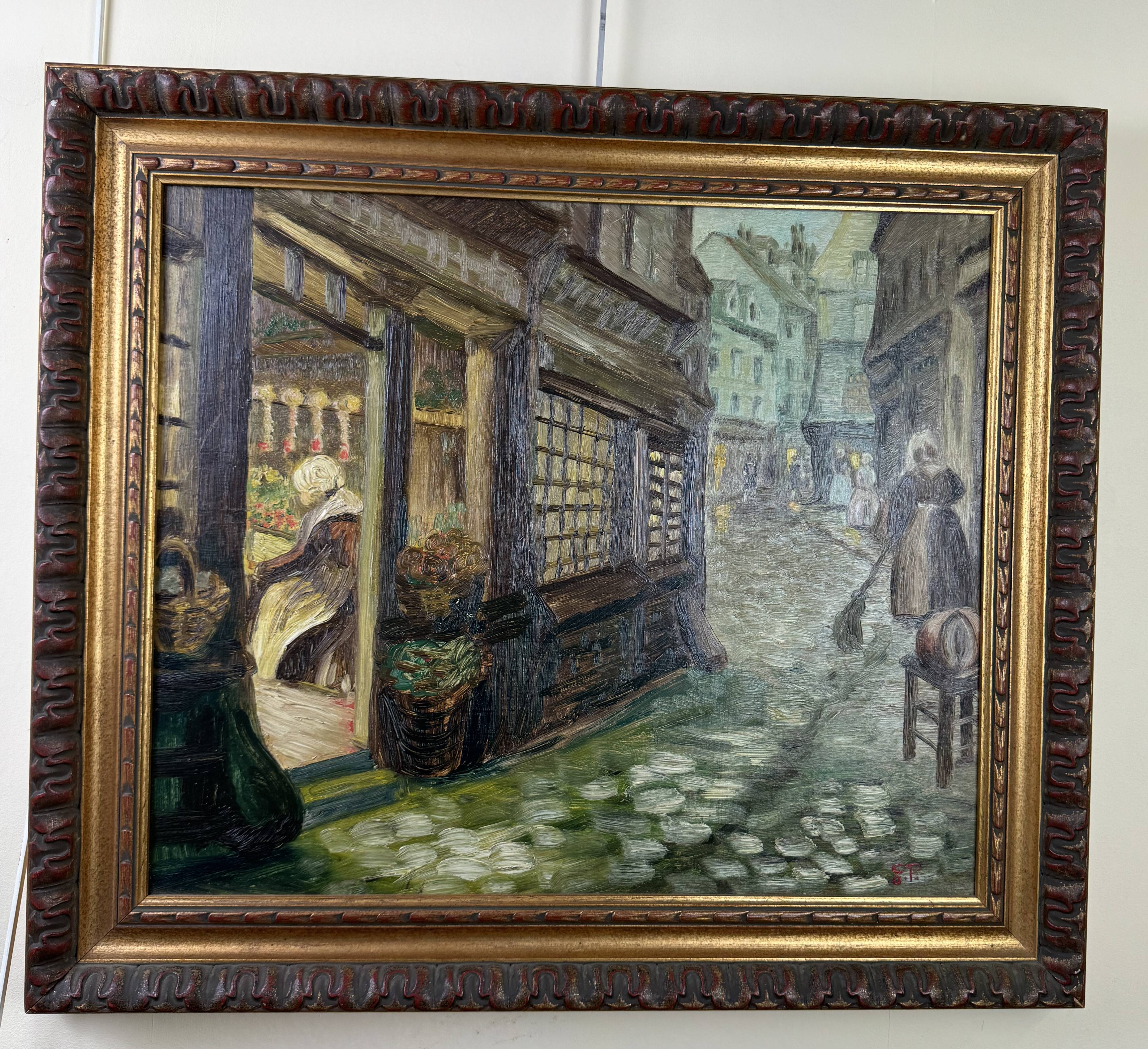 French School, early 20th century: oil on panel, lively street in Brittany