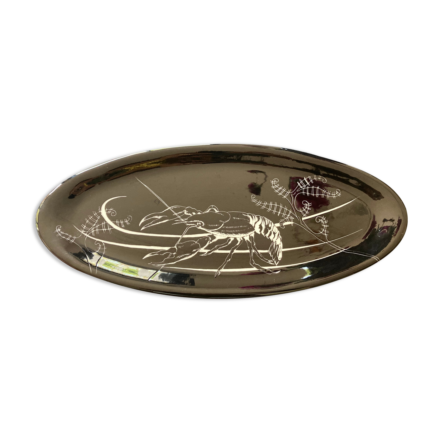 Glazed ceramic lobster fish dish from the 1950s.