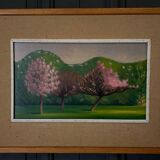 Huile sur carton représentant des arbres en fleurs dans le vent, 1920