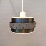 Metal hanging lamp with top and bottom grid of hard moulded plastic. Estimated 1970s.