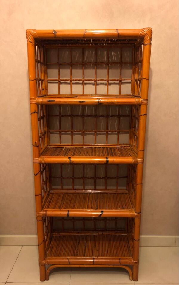 Bibliothèque/étagère en bambou et rotin des années 80’