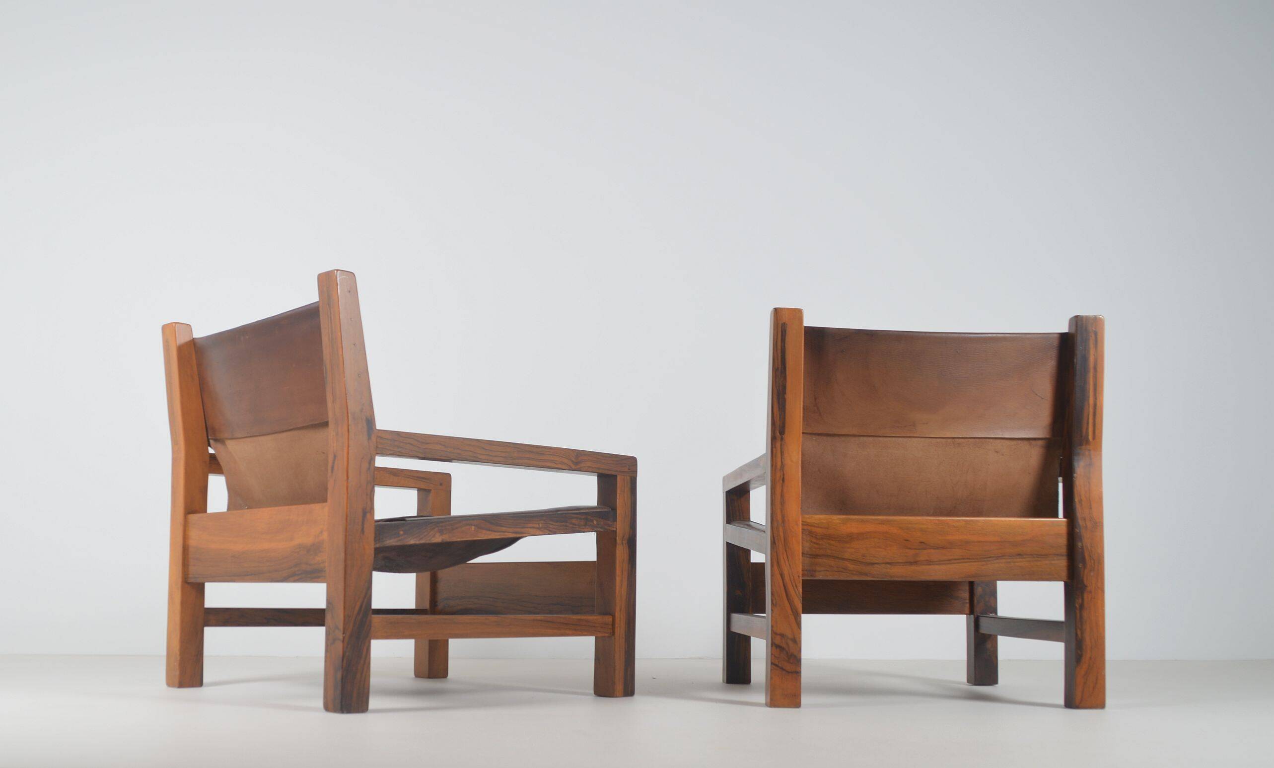 Set of French armchairs in olive wood with saddle leather, 1970s