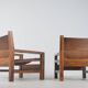 Set of French armchairs in olive wood with saddle leather, 1970s