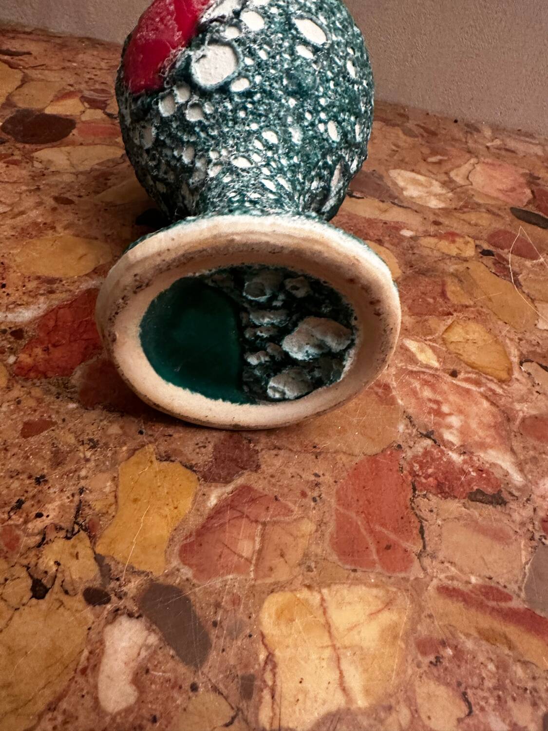 Pitcher/ Ceramic vase sea foam green and red glazed