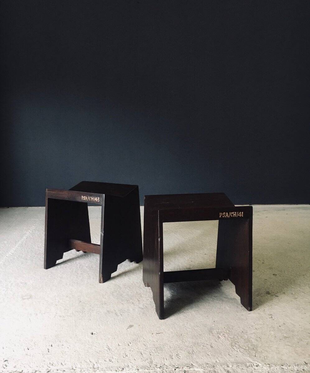 Modernist PJ-SI-68-A Sewing Stools by Pierre Jeanneret for Chandigarh, 1950s, India, Set of 2