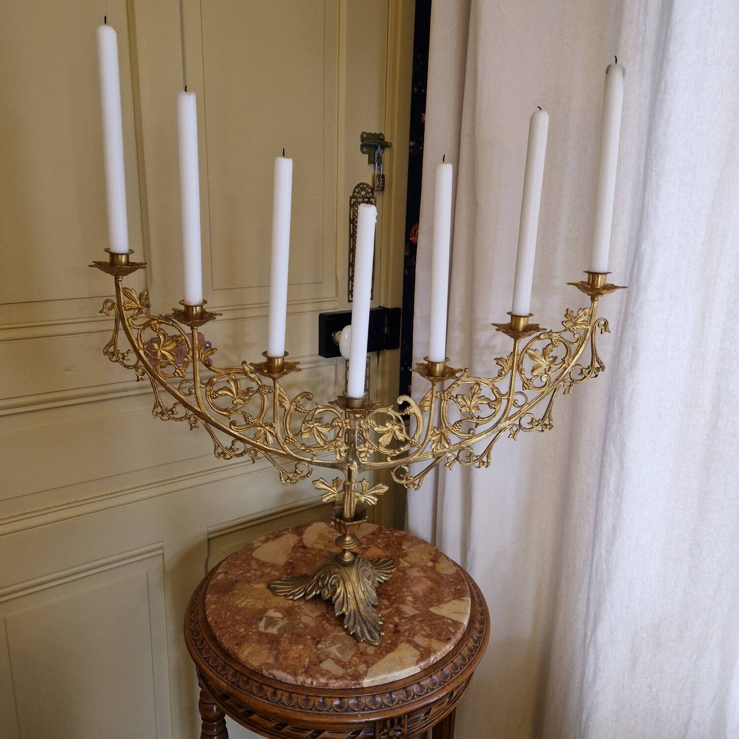 Antique bronze and brass candelabrum, large model, 19th century candlestick.