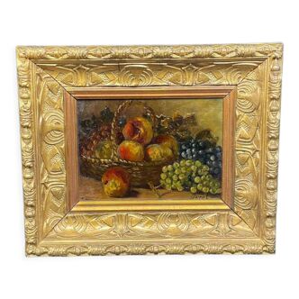 Vintage, oil painting, still life with fruit, peaches and reasons, woven basket, signed DURET