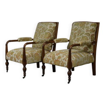 Paire de fauteuils édouardiens en hêtre, tissu vintage