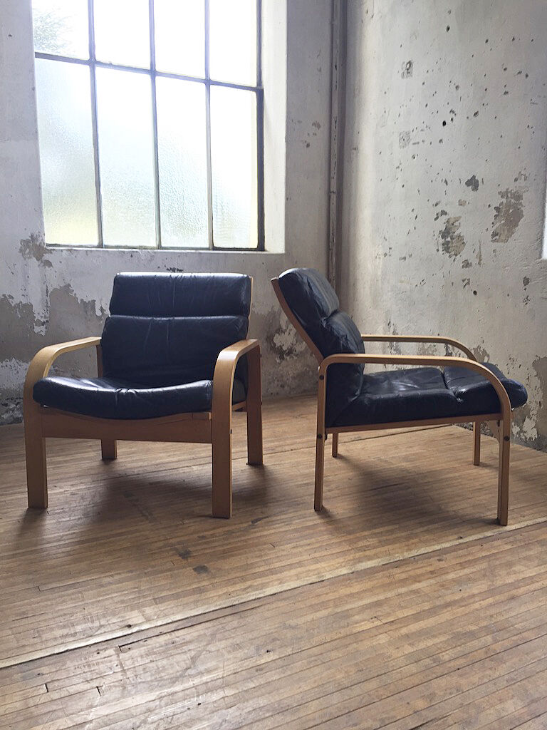 Danish sofa and armchairs curved wood and leather