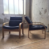 Danish sofa and armchairs curved wood and leather