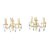Pair of gilded bronze sconces and crystal pendants